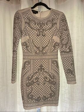bebe Beige Long-Sleeve Studded Bodycon Dress